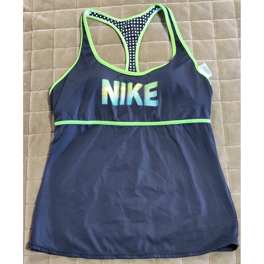 Nike Swim Womens Tankini Top Size 8 Black Green Trim Racerback